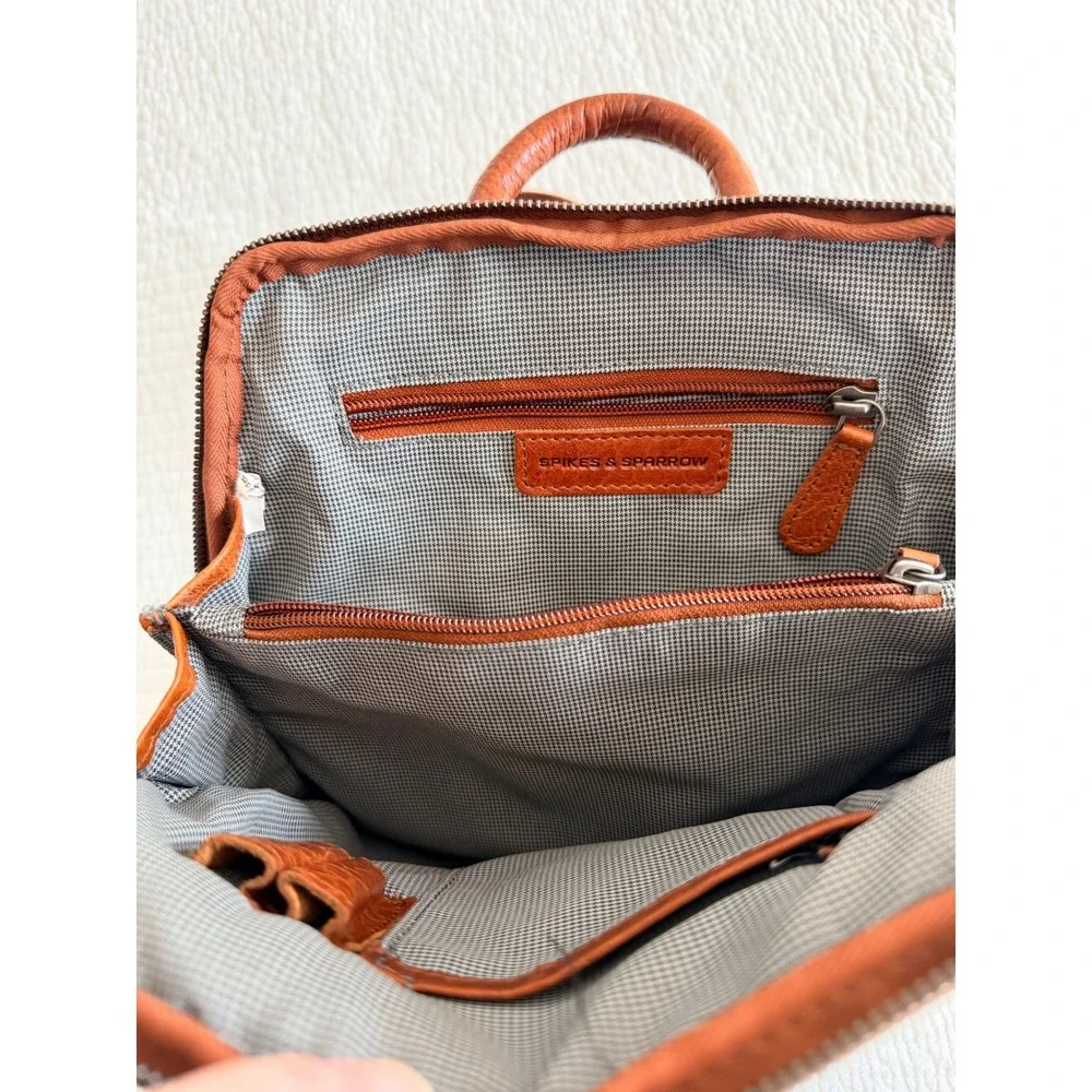 Spikes & Sparrow Cognac Brown Leather Backpack Purse Houndstooth Lining Bag